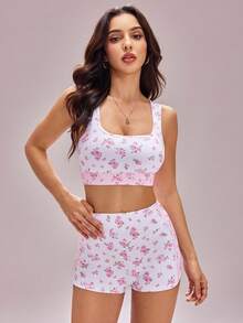 FavEase 2pcs/Set Women's Deep U-Neck Racerback Sports Bra And Ditsy Floral Shorts For Outdoor Workout - White - View 6
