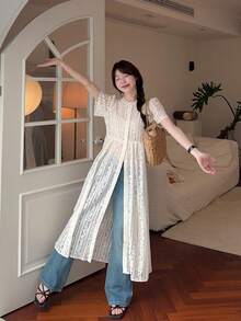 DAZY Damen Rundhals Spitzen Kurzarm Maxikleid, Koreanischer Stil für Frühling/Sommer Sonnenkleider für zierliche Frauen - Aprikosenfarben - Übersicht 8