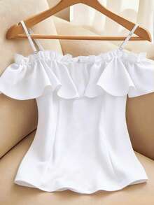 Resyla Blusa de hombros descubiertos con volantes de unicolor para mujer de talla grande - Blanco - Ver 2