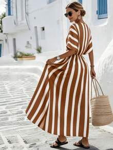 SHEIN Holidaya 女士黄色条纹宽松度假春夏V领修身连衣裙，适合度假、休闲、居家和日常活动 - 棕色 - 查看 2
