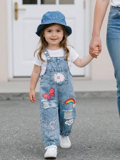 Baby Girls Denim Bib Pants,Cute Summer Vacation Baby Blue Cartoon Print Overalls With Adjustable Buckle,Soft Comfortable Wide Strap Jumpsuit Outfit