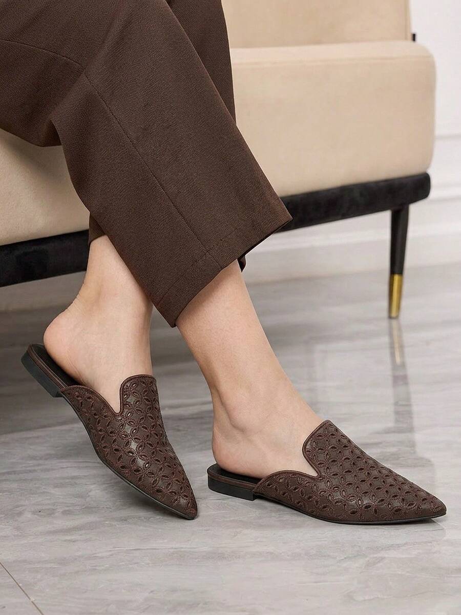 Sleekvia Women's Casual Versatile Commuter Hollow Embroidered Pointed Shoes - Coffee Brown 2 - View 1