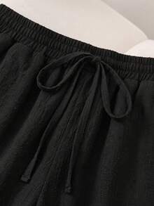 CosyJoli Quần ống rộng bằng cotton trơn màu dành cho nữ cỡ lớn, kiểu dáng thường ngày, có dây buộc eo. - màu đen - Xem 3