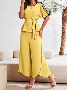 EMERY ROSE Elegant Women's Color Block Minimalist 2 Pieces Set For Daily Wear - Yellow - View 4