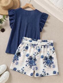 SHEIN LUNE Bộ đồ hai mảnh gồm quần dài màu xanh dương và áo tay ngắn phối màu tương phản, kiểu dáng thường ngày, cỡ lớn. - Nhiều màu - Xem 2