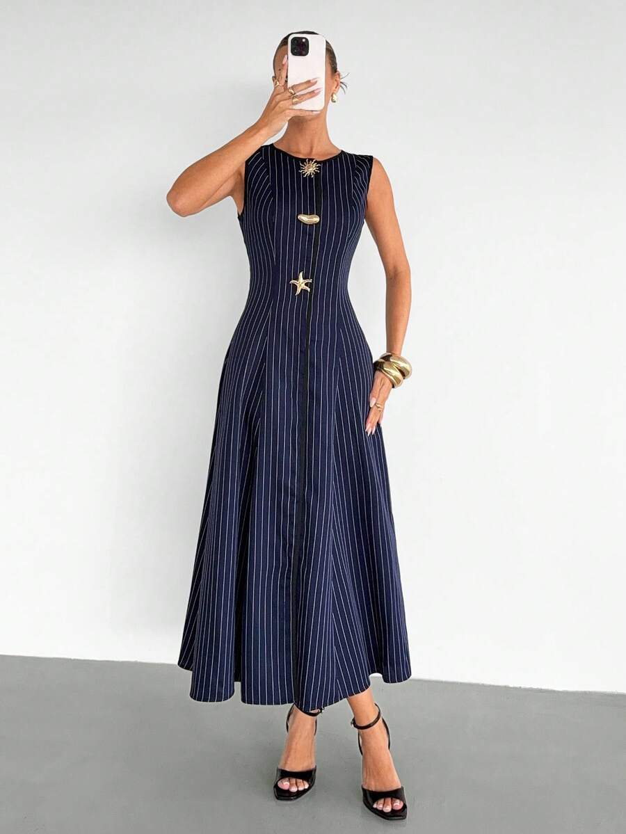 Siren Gaze 藏蓝色条纹优雅连衣裙，适合夏季度假、嘉年华、婚礼、海滩派对、婚礼宾客着装。