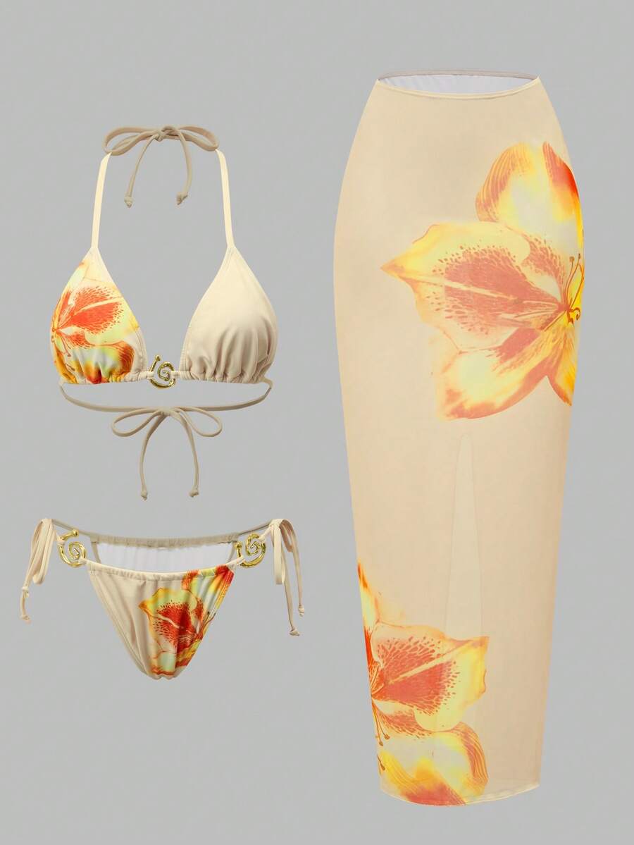 Swim Oasis Women's Fashion Beach Swimsuit Set, Warm-Toned Base Color Coordinated With Floral Print, Exuding A Relaxed Beach Vibe - Multicolor - View 1