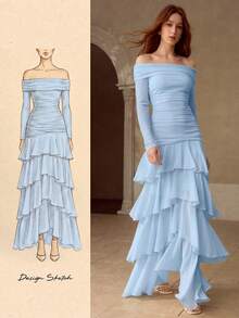 MOTF PREMIUM VESTIDO LARGO AJUSTADO CON TEXTURA, VOLANTES Y VOLANTES ACAMPANADOS PARA MUJER, OTOÑO/INVIERNO - Azul Agua - Ver 7