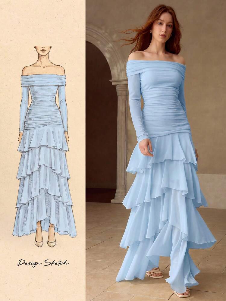 WOMEN'S RUCHED LAYERED RUFFLE HEM TEXTURED FITTED LONG DRESS, AUTUMN/WINTER
