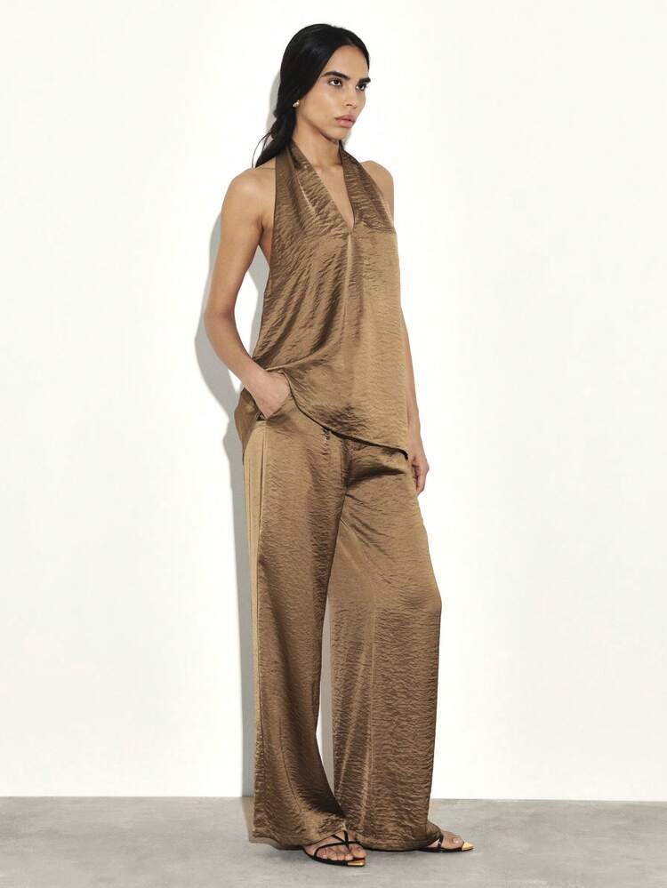 KSTM Women Halter Neck Cross Back Top Wide Leg Palazzo Pants Two Piece Coord Set Outfit Summer Lounge Casual Matching Set