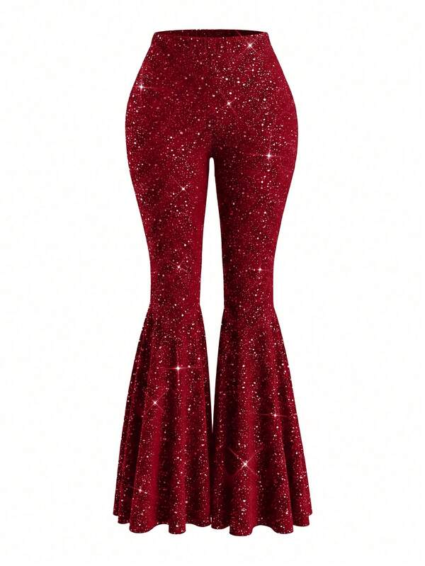 Xyvia Women Burgundy Winter Seductive Party Flare Pants,Silver Polka Dot Wide Leg Cinching Waist Slim Fit Elegant Street Style Spring/Summer Trousers