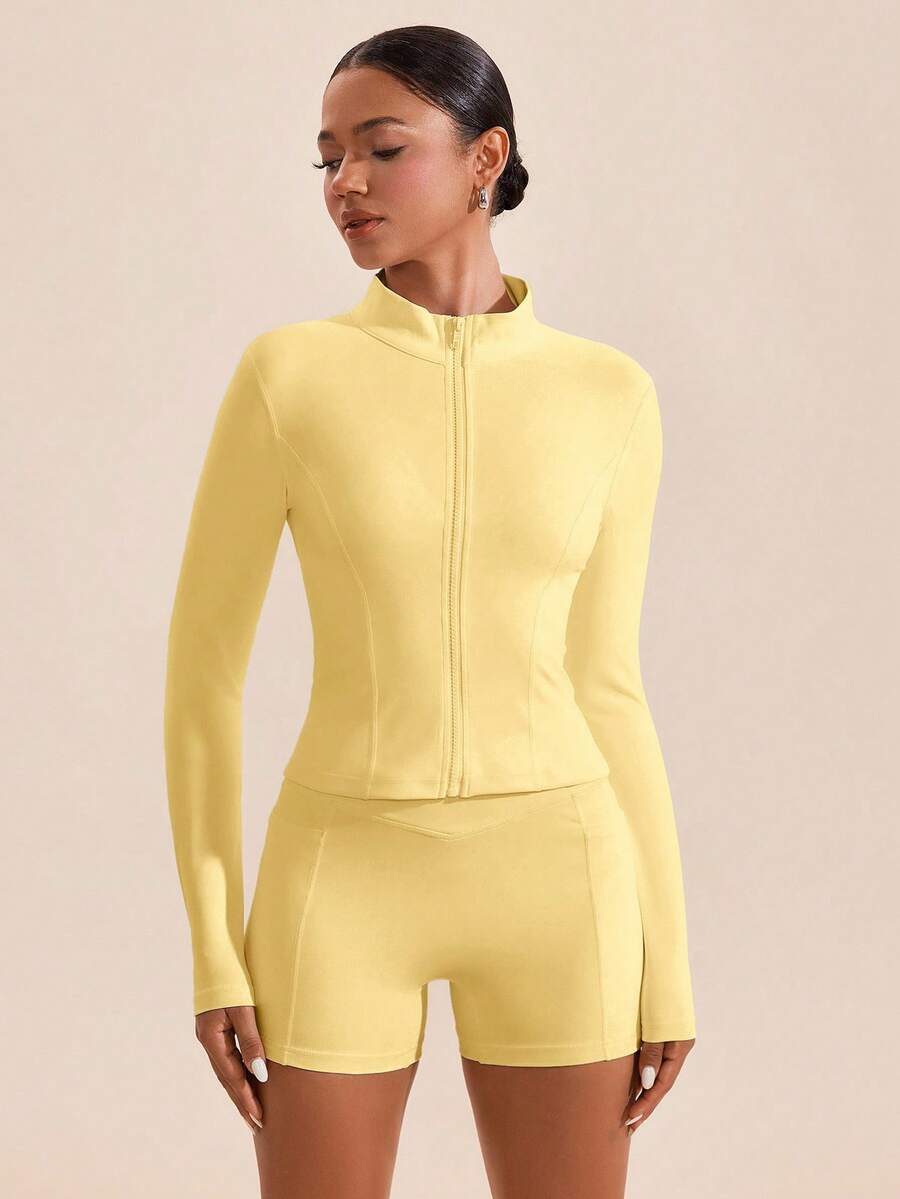 High Neck Long Sleeves Skinny Women Sports Sets - Yellow - View 1