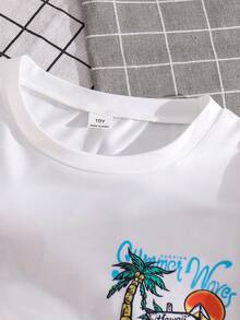 Setelan 2pcs/Set Kaos Lengan Pendek Motif Pohon Palem dan Celana Pendek Warna Polos untuk Anak Laki-laki, Pakaian Musim Panas Gaya Pulau untuk Akhir Pekan di Pantai, Liburan, Setelan Musim Panas untuk Anak Laki-laki - Jeruk - View 4