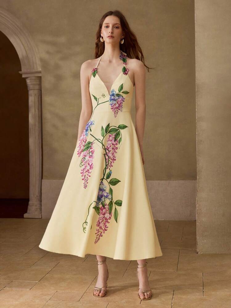 ELEGANT ELASTIC COMFORTABLE PRINTED & EMBROIDERED DRESS, SPRING/SUMMER