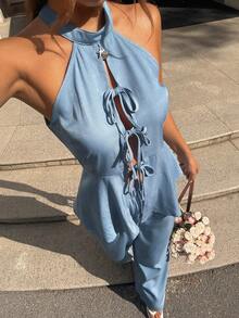 DAZY 女士露背吊带镂空系腰宽松牛仔连体裤 - 藍色 - 查看 3