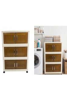 1PC 45/60CM Foldable Storage Cabinet, 1-5 Tier Double Door Storage Organizer, Thickened Plastic Wheeled Storage Cabinet, Living Room Toy & Snack Multi-Layer Cabinet, Clothes Storage Cabinet, Home Dust-Proof Shelving, Home Storage Rack, Storage Box, Plastic Container, Oil Bottle, Kitchen Storage Supplies, Cup Rack, 1 Oil Bottle, Spoon Rack, Kitchen Storage Rack - Multicolor - View 2