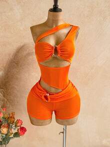 SHEIN WYWH 女士时尚百搭镂空无袖金属扣连体裤，适合度假 - 橘色 - 查看 4