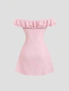 SHEIN Sweetro 精致法式甜美公主风约会装，露肩荷叶边收腰修身A字迷你连衣裙，质感面料，甜美夏日度假风 - 粉色 - 查看 3