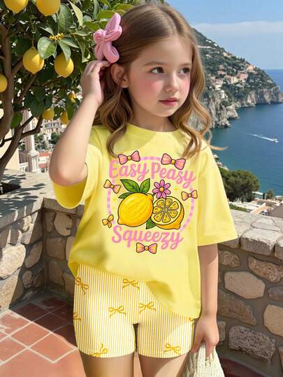 Elladie kids Spring And Summer Girls Casual Fashionable Creative Personalized Fresh Minimalist Summer Fruit Lemon Bow Decor Funny Pattern Print Casual Basic Short T-Shirt And Bike Shorts Set, Comfortable Outfit, Suitable For Spring, Summer And Autumn