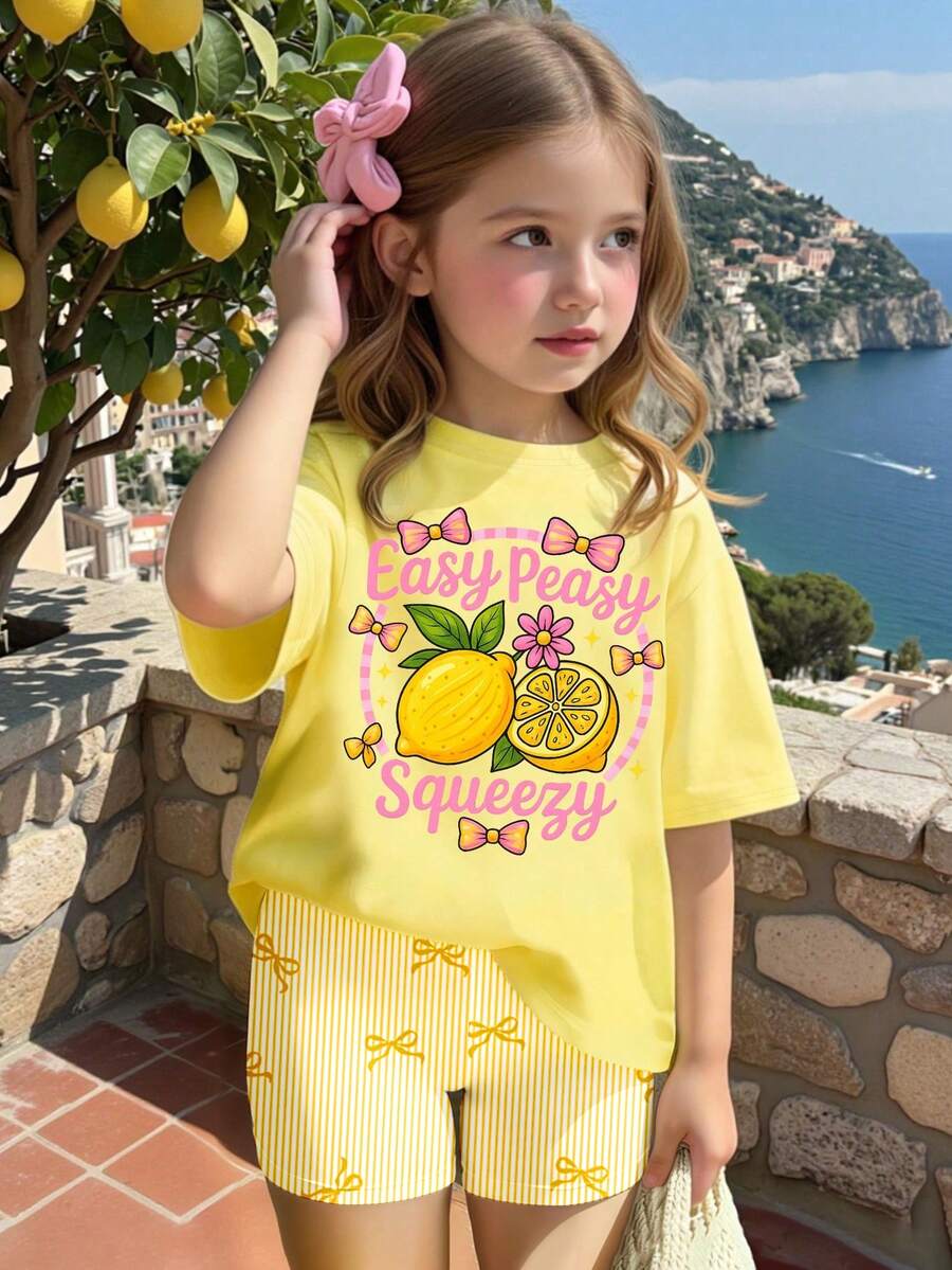 Elladie kids Spring And Summer Girls Casual Fashionable Creative Personalized Fresh Minimalist Summer Fruit Lemon Bow Decor Funny Pattern Print Casual Basic Short T-Shirt And Bike Shorts Set, Comfortable Outfit, Suitable For Spring, Summer And Autumn - Multicolor - View 1