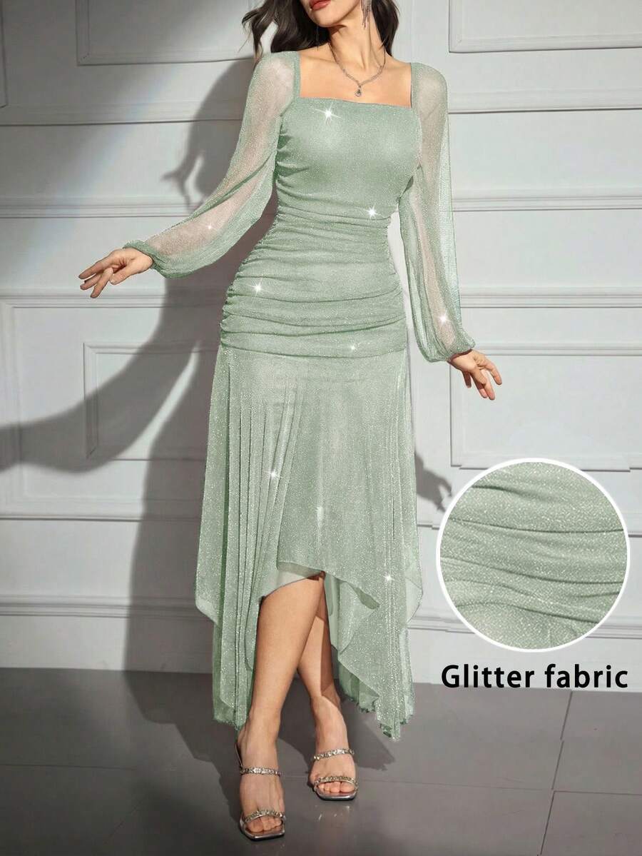 Modelyn Women's Solid Color Shiny Square Neck Lantern Sleeve Asymmetric Hem Elegant Dress,Wedding Guest Dress Women - Mint Green - View 1