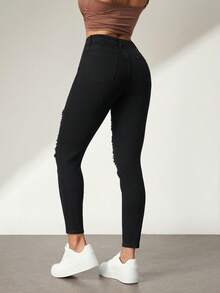 SHEIN ICON Jeans pitillo con bolsillos y cremallera para mujer - Negro - Ver 2