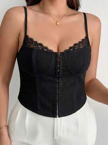 Firerie Plus Size Elegant Sexy Black Denim Corset Top, Summer Clasic Lace Trim Hook Front Camisole, Sweetheart Neckline Adjustable Straps Bustier, Night Out - Black - View 4