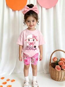 Letter Print Tee & Bike Shorts,Casual Vacation Clothing For Toddlers - Multicolor - View 2