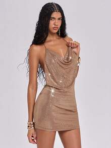 ROMWE Y2K Spring/Summer Women's Sexy Backless Spaghetti Strap Mini Dress With Shiny Sequin Fabric, Low-Cut Plunging Neckline - Khaki - View 4