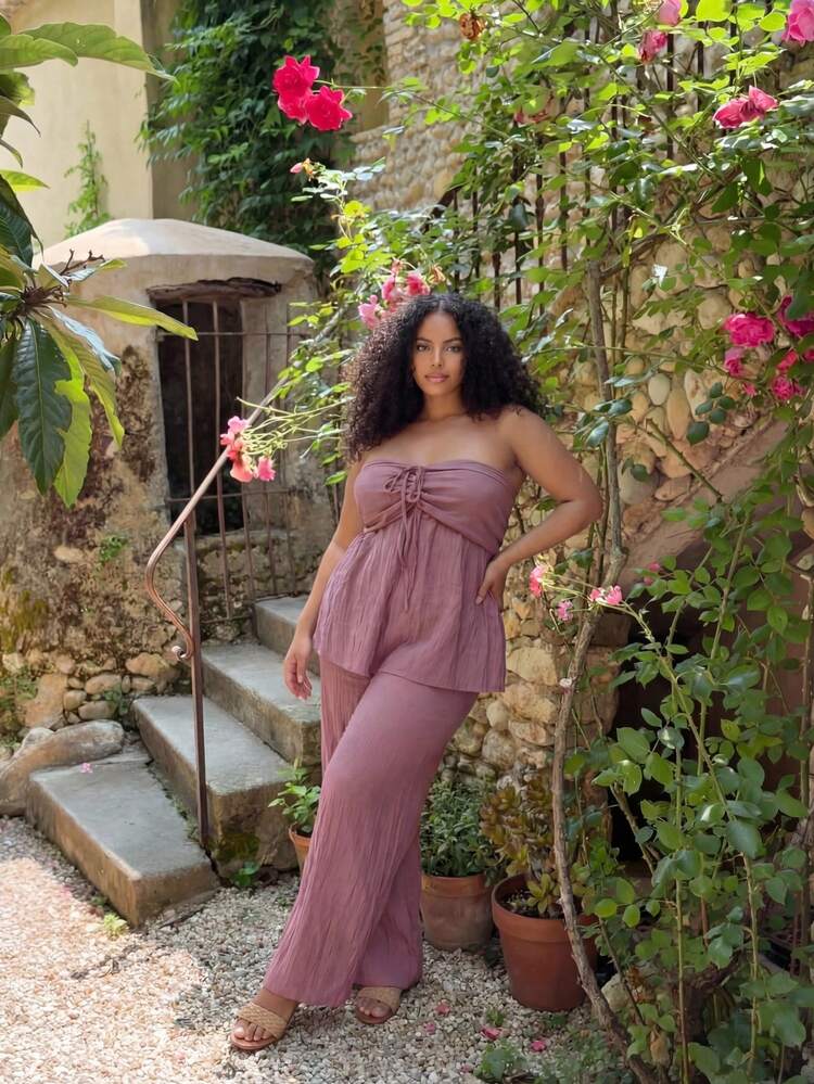 Dazy Plus Sleeveless Crop Top And Wide Leg Pants Set, Vacation Style Casual Korean Plus Size Women Spring/Summer Lounge Sets For Women