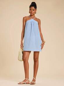 SHEIN TRVLCHIC Women's Striped Casual Vacation Halter Dress - Blue and White - View 5