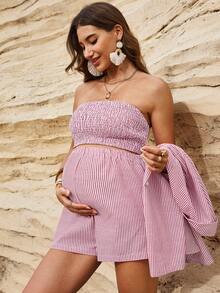 Boho Mama Pink And Blue Autumn Outfits,Maternity Cotton Set,Boho Heart Embroidery Long Sleeve Shirt,Tube Top Adjustable Shorts,Beach Holiday Resort Style - Pink - View 3