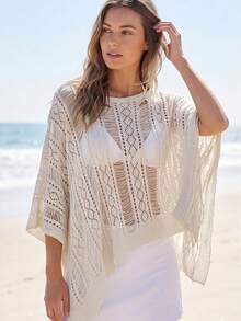 Swim Vcay 女士轻盈钩编宽松沙滩罩衫，飘逸蝙蝠袖波西米亚风比基尼罩衫，白色带微闪，适合夏季度假 - 白色 - 查看 1