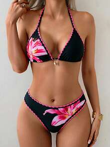 Swim Vcay 女士两件式比基尼泳衣，挂脖系带，花卉印花，时尚休闲度假泳装 - 彩色 - 查看 5