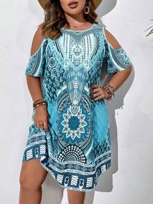 EMERY ROSE Plus Size Woven Printed Casual Summer Dress Vacation Navy Blue - Blue - View 3