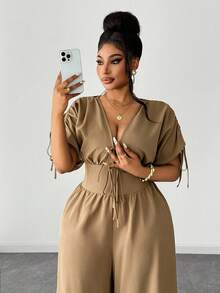 Maweii Plus Size Elegant Short Sleeve V-Neck Drawstring Jumpsuit - Khaki - View 3