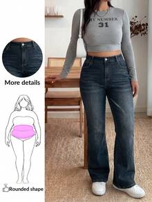 Enliva Plus Size Casual Washed High Waist Slim Fit Flare Jeans, For Apple And Rounded Body Shape - Blue - View 1