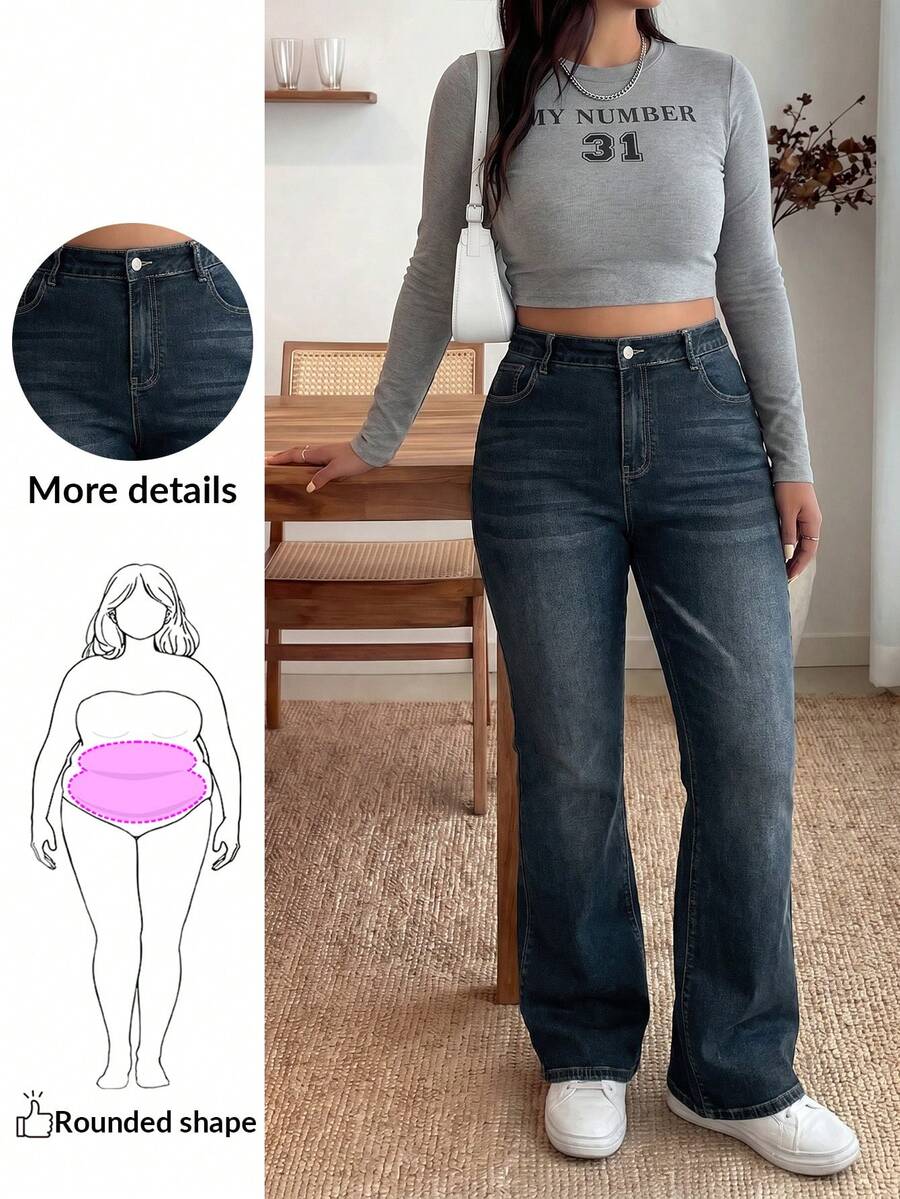 Enliva Plus Size Casual Washed High Waist Slim Fit Flare Jeans, For Apple And Rounded Body Shape - Blue - View 1
