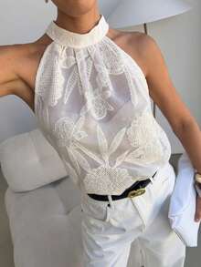 Lavishia 女款夏季優雅白色花卉刺繡掛脖奢華清爽上衣，適合婚禮賓客、母親節、婚禮、海灘度假 - 米色 - 查看 8