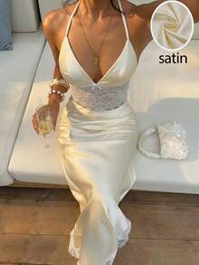 Sunnyshic Women's Yellow Lace Satin 2-Piece Set, Romantic Sexy Outfit For Party, Date, Summer Beach Vacation, Spring/Summer - Light Yellow - View 7