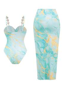Swim Oasis Áo tắm liền thân nữ có váy, dây đeo hình vỏ sò, họa tiết đá cẩm thạch. - Nhiều màu - Xem 2