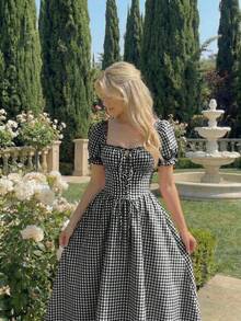 Skyraze Vestido con mangas de pétalo, cinturón de lazo y estampado de cuadros rojos y blancos - Negro - Ver 2