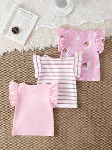 SHEIN 3pcs/Set Colorful Heart Striped Print Ruffle Hem Round Neck T-Shirt, Soft & Comfortable Casual Cute Spring/Summer New Arrival - Pink - View 2