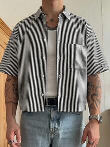 HIMLAND Áo sơ mi nam tay ngắn kẻ sọc dáng ôm vừa vặn, kiểu dáng thường ngày. - Nhiều màu - Xem 6