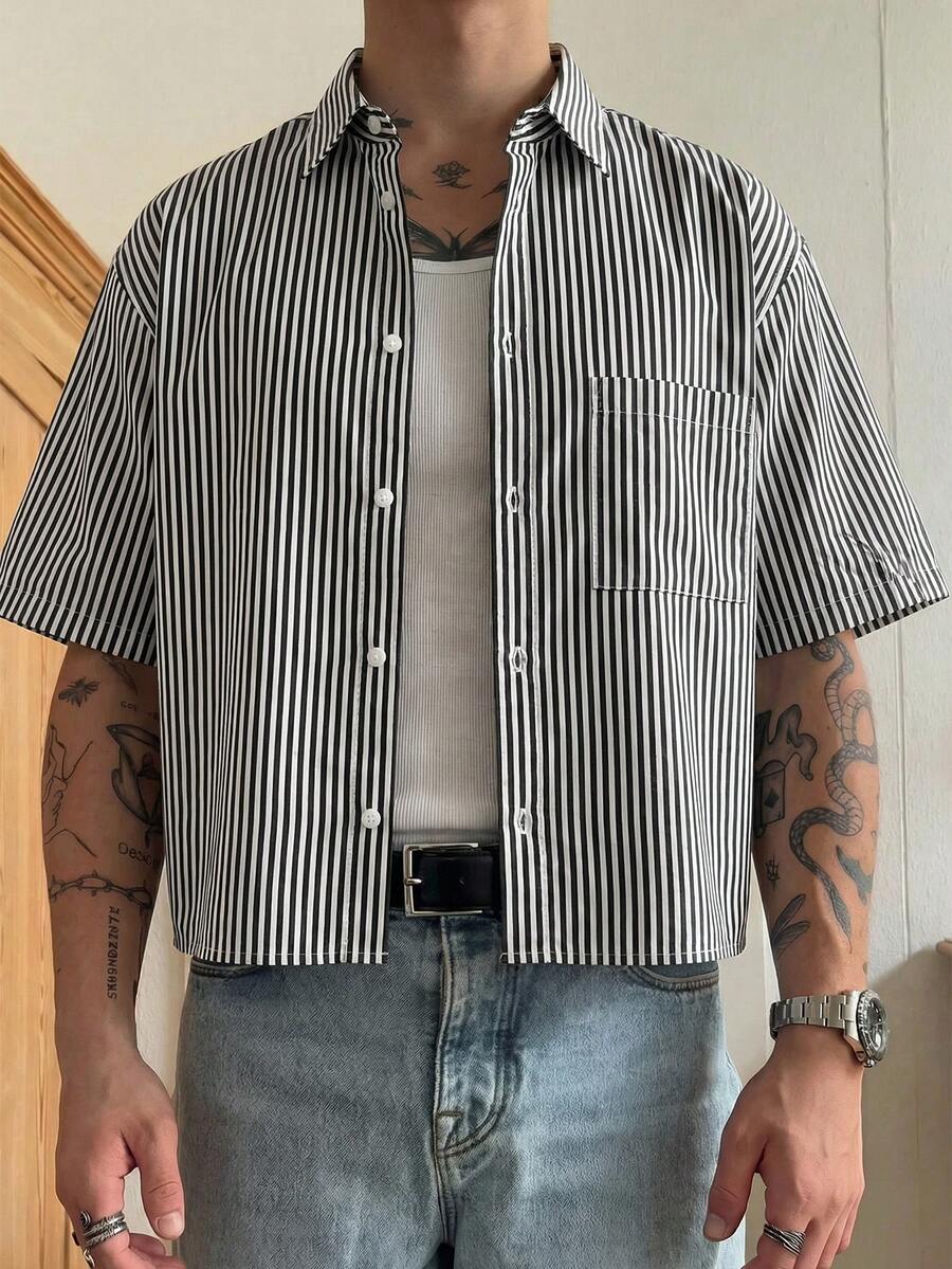 HIMLAND 男士休闲修身梭织条纹短袖衬衫 - 彩色 - 查看 1