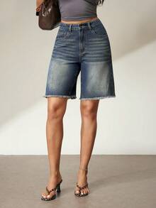 SHEIN FlexDen 女士休闲宽松阔腿直筒5英寸牛仔短裤 - 深色水洗藍 - 查看 1