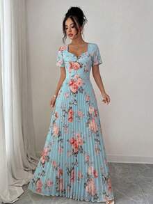 SHEIN Elenzya Đầm chữ A thanh lịch, lãng mạn với họa tiết hoa, xếp ly ở eo và cổ hình trái tim, thích hợp cho tiệc trà và dạo phố. - Nhiều màu - Xem 3
