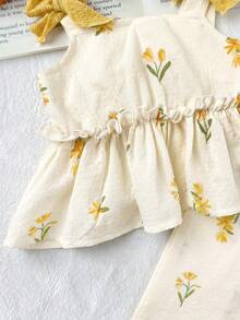 2 Stücke Baby Mädchen gewebte Blumen Schleife Dekor lässige Weste und Hose Set - Gelb - Übersicht 9