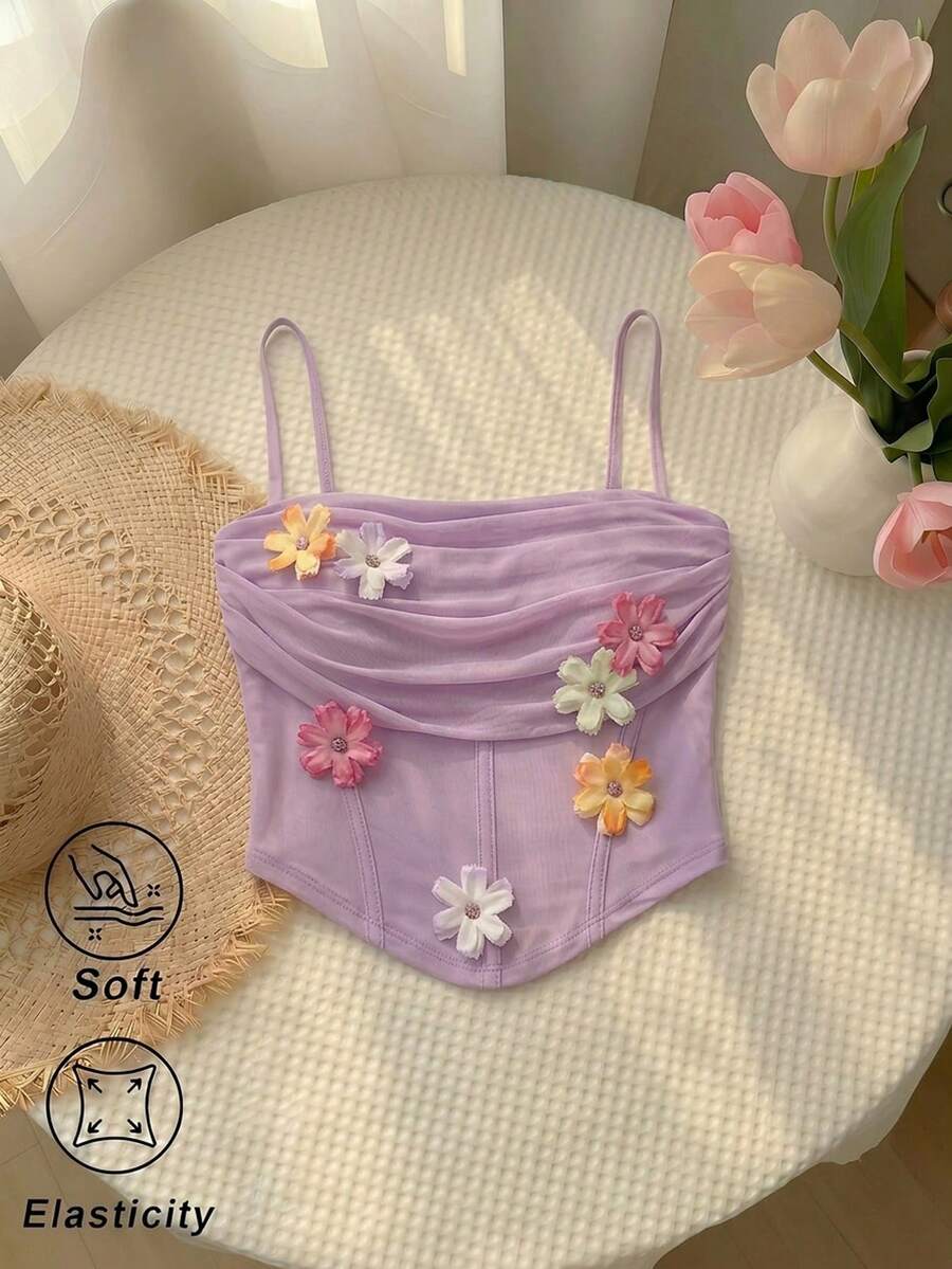 SHEIN MOD 女士3D立体花卉装饰荷叶边吊带背心，适合约会和外出穿着 - 淡紫色 - 查看 1