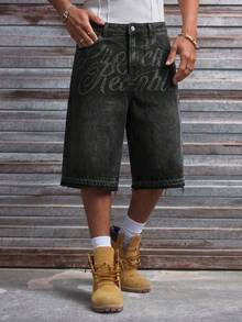 AXEPEAK Men's Washed Denim Shorts With Embroidered Floral Design, Fashionable - Black - View 6